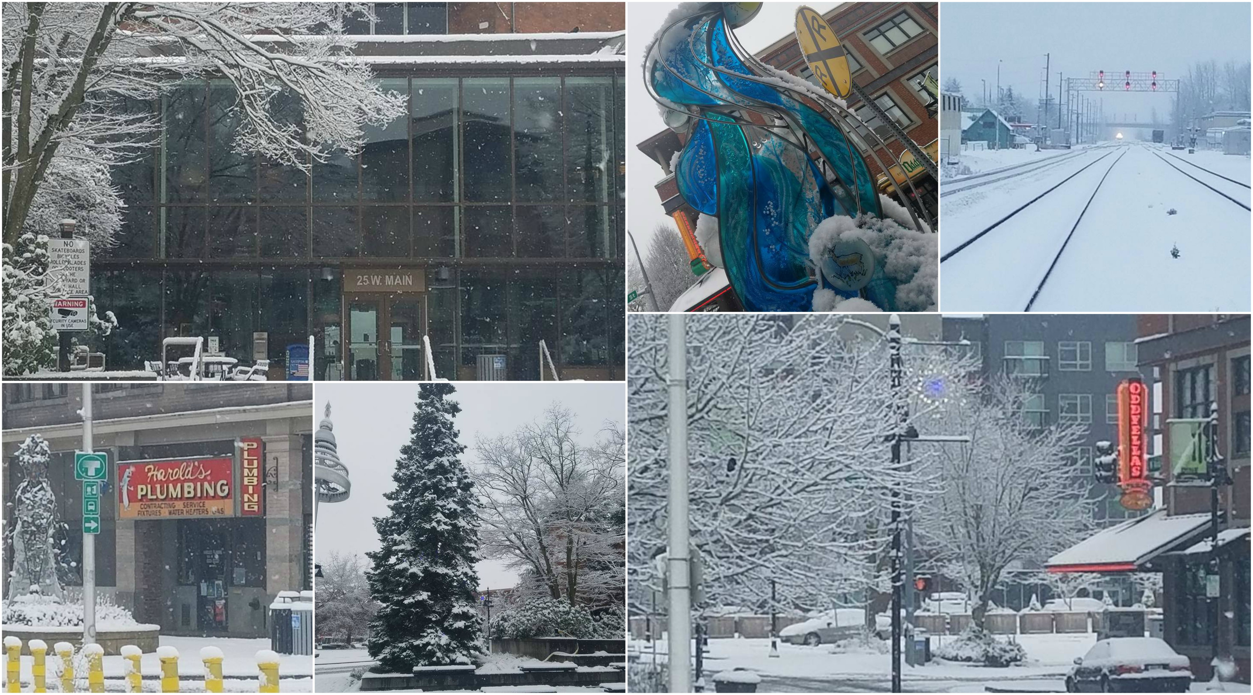 downtown Auburn, auburn winter, snow auburn, auburn city hall, bubble sculpture, oddfellas