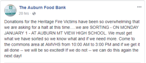 auburn food bank, heritage building fire, donations, facebook post, auburn