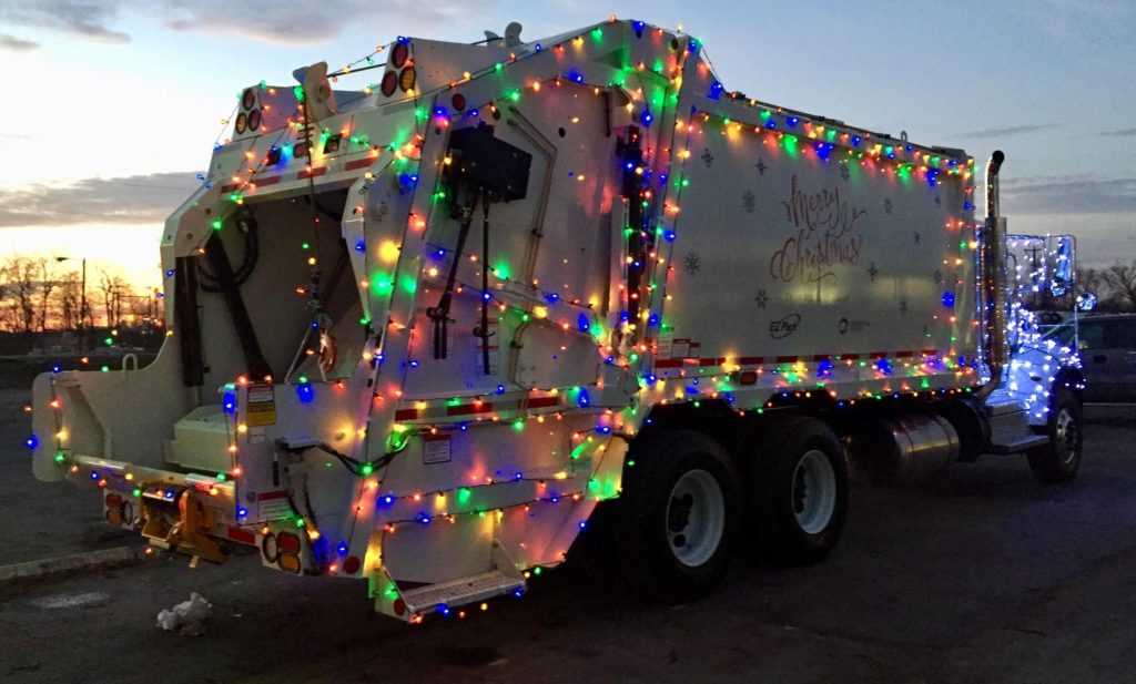 holiday garbage pick up, christmas garbage truck, waste management