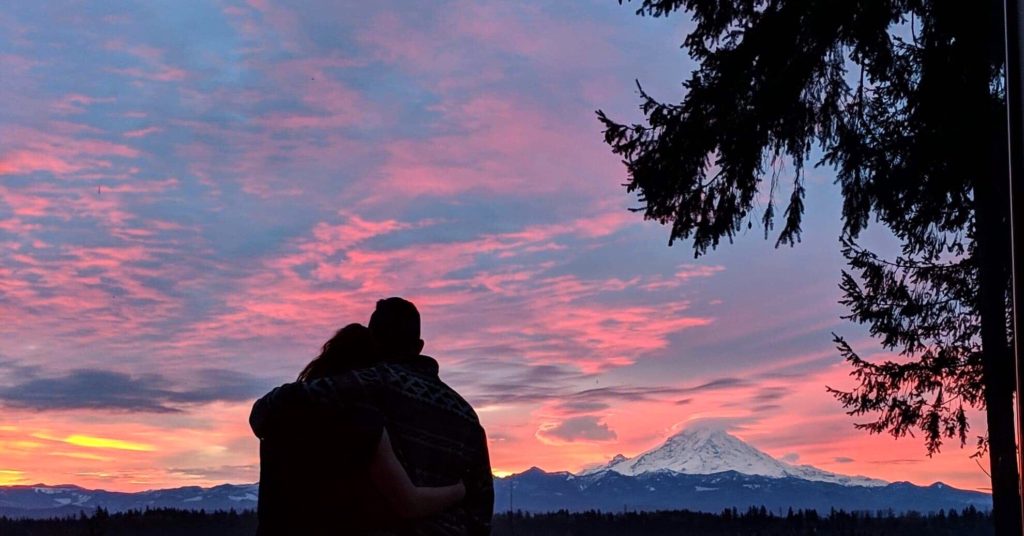 romantic, couple watching sunset, mt. rainier