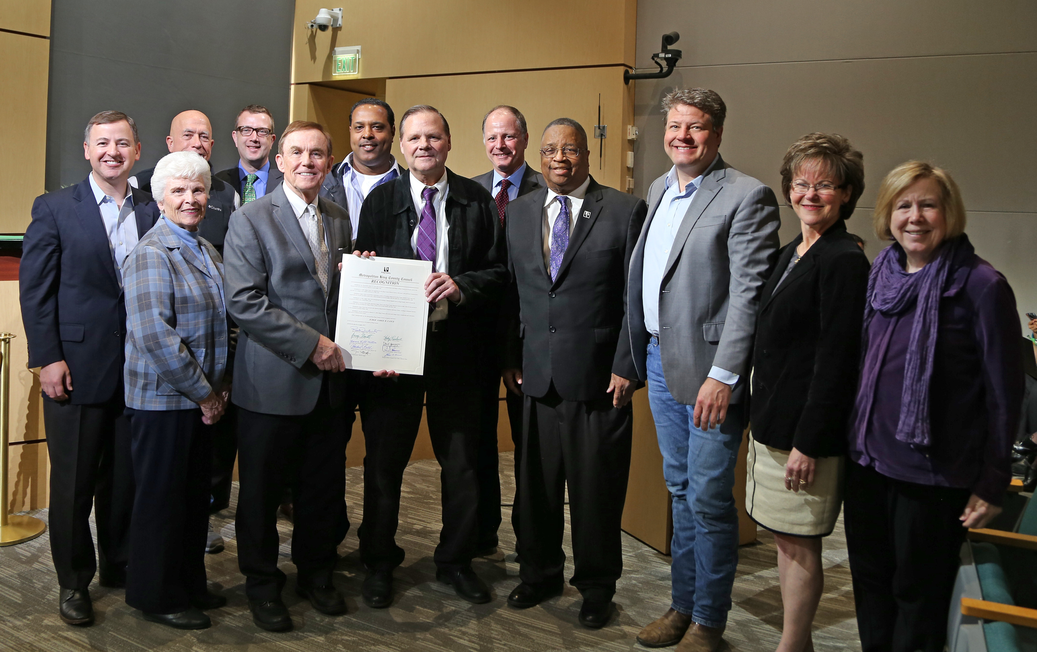 King County Councilmember Rod Dembowski, former King County Councilmembers Louise Miller and Dwight Pelz, King County Councilmembers Joe McDermott and Pete von Reichbauer, Bailiff Lati Culverson, Judge Jim Cayce, Judge Bill Bowman, King County Councilmembers Larry Gossett, Reagan Dunn, Kathy Lambert, and Jeanne Kohl-Welles, King County Council