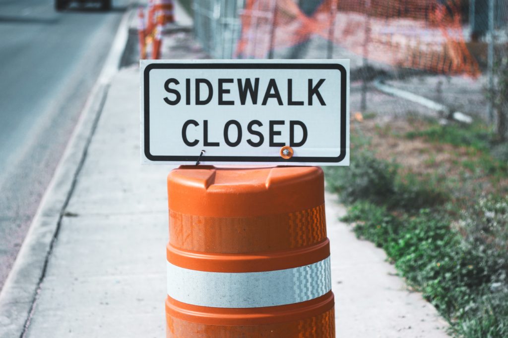 sidewalk closed, road work, road sign