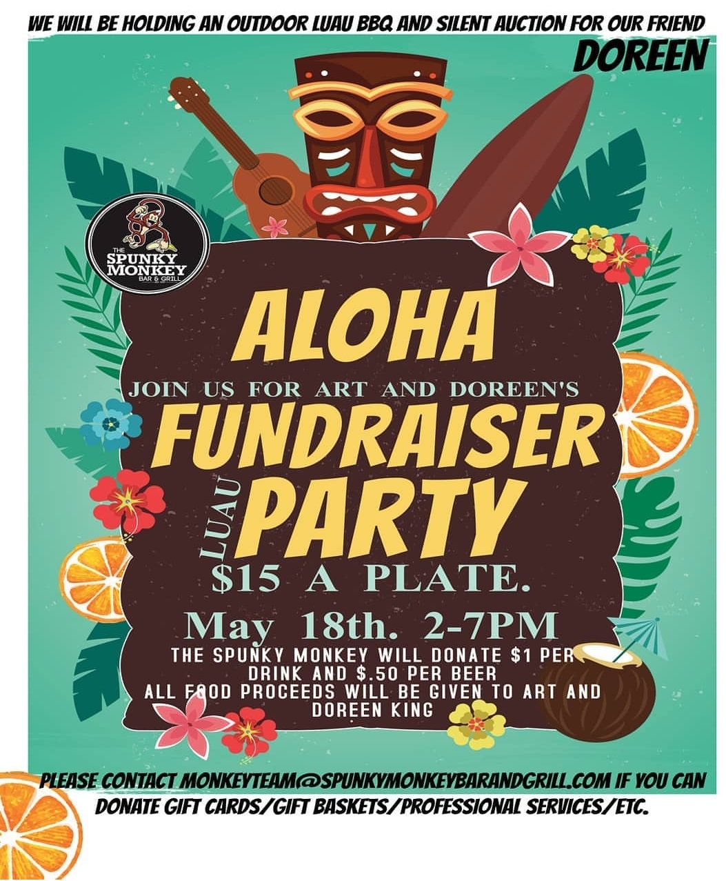 Spunky monkey bar and grill, spunky monkey, doreen king, art king, doreen and art king, fundraiser luau