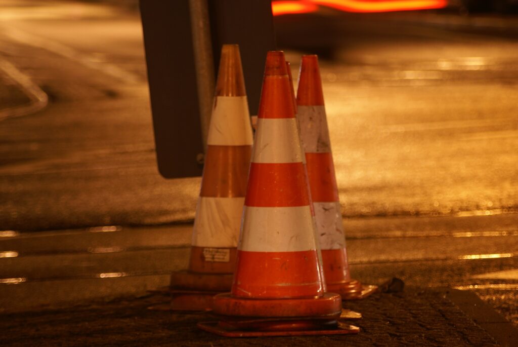 traffic cone, road work, sidewalk repair