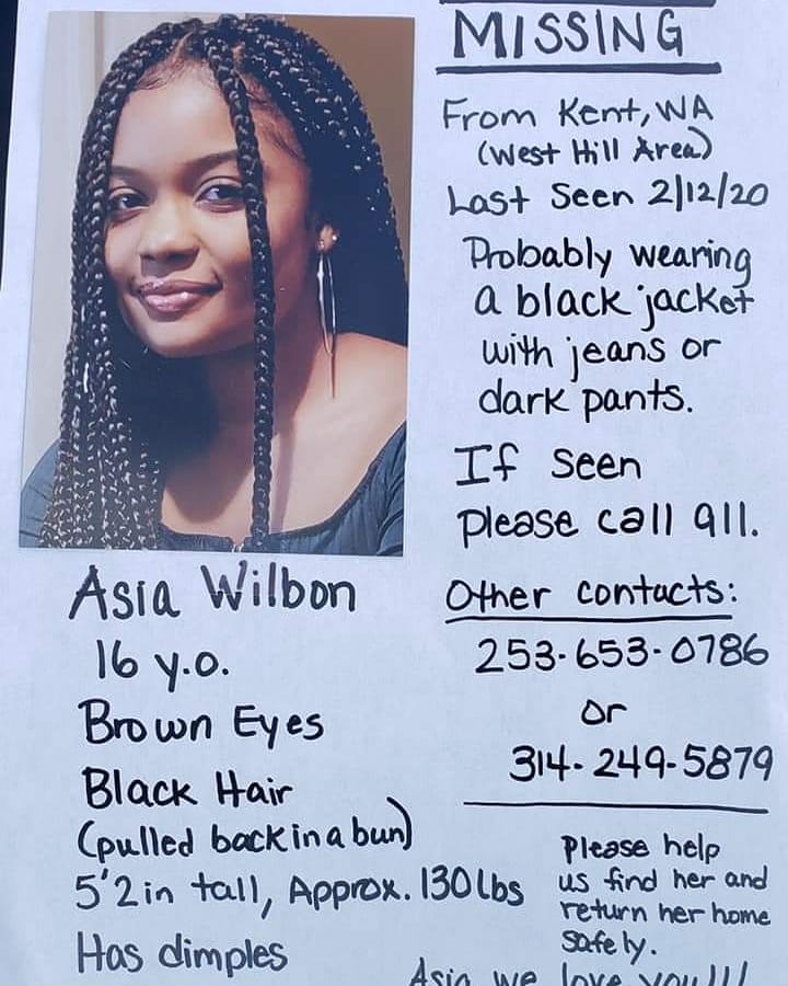 Asia wilbon, kent wa, city of kent, kpd, kent wa police, missing teen,