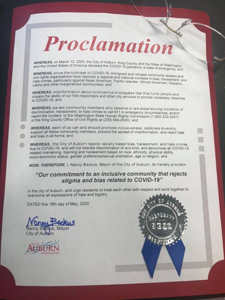 city of auburn, auburn wa covid-19 proclamation, covid-19 hate proclamation, anti-hate proclamation covid-19, mayor backus proclamation, nancy backus, auburn wa, covid-19 auburn wa, inclusive city covid-19, racism covid-19