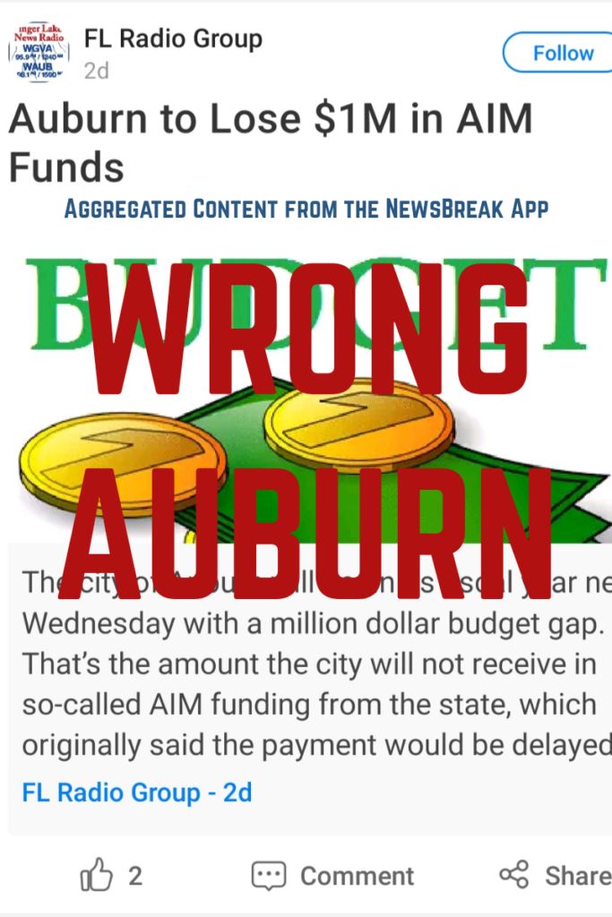 Wrong auburn, auburn wa losing 1 million in funding from state, auburn losing 1 million from state in aim funding, auburn wa aim funding, city of auburn aim funding, fingerlakes, auburn ny, wrong auburn auburn examiner, auburn wa newsbreak