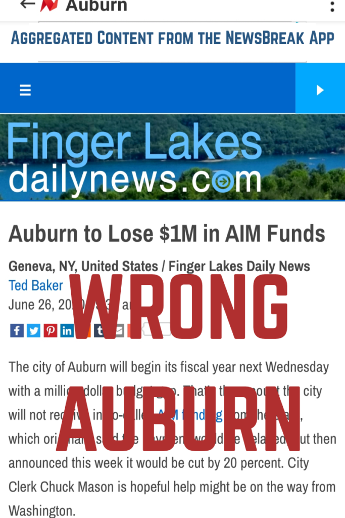 Wrong auburn, auburn wa losing 1 million in funding from state, auburn losing 1 million from state in aim funding, auburn wa aim funding, city of auburn aim funding, fingerlakes, auburn ny, wrong auburn auburn examiner, auburn wa newsbreak