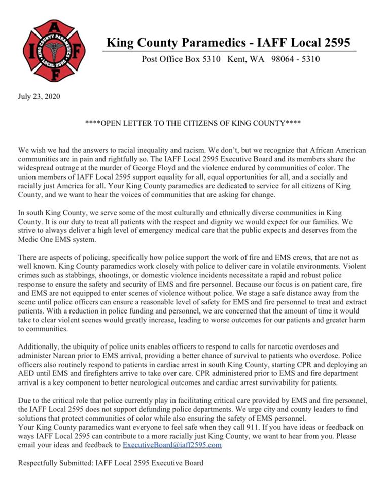 King County IAFF 2595 letter, King County Paramedic Open Letter, IAFF 2595, King County Paramedics union, king county medic one letter, king county paramedics community letter