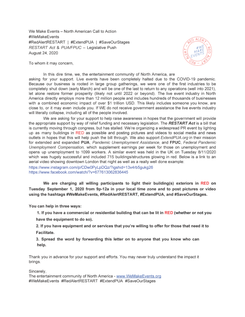 we make events, redalertrestart, #redalertrestart, red alert restart, red alert restart campaign, what is red alert restart, take action red alert restart, save live event venues