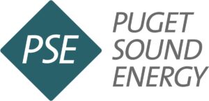 Puget sound energy's logo. A teal diamond with PSE in the center in white. The words PUGET SOUND ENERGY are stacked to the right of the PSE diamond.