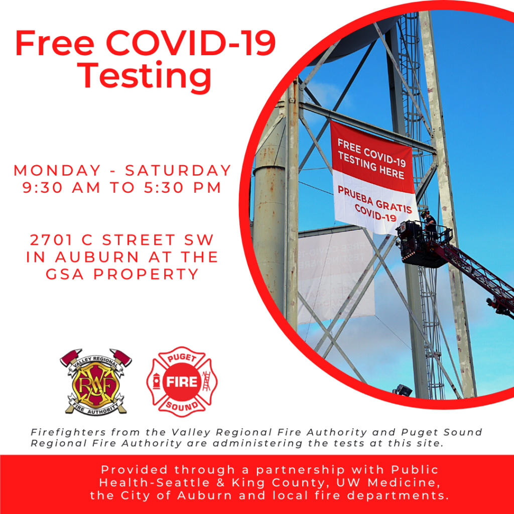 covid-19, auburn covid-19, drive-up covid-19 test, auburn covid-19 rates, auburn testing site, auburn covid-19 test, vrfa covid-19 testing site, gsa covid-19 testing, south king county covid testing, drive up covid-19 testing king county