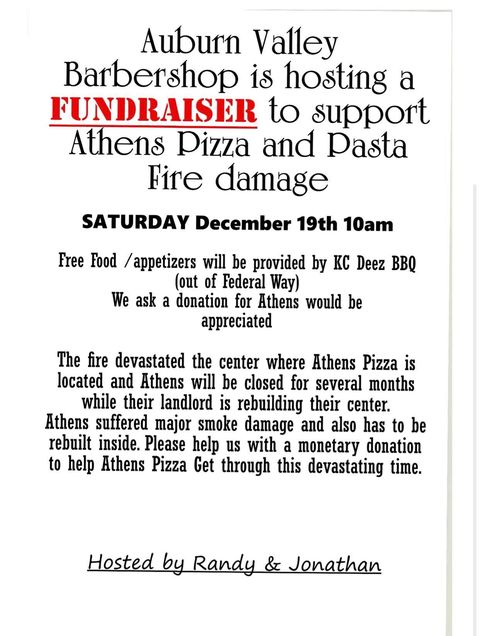 auburn wa, auburn valley barbershop, athens pizza, athens pizza and pasta, fundraiser for athens pizza, auburn valley barbershop fundraiser