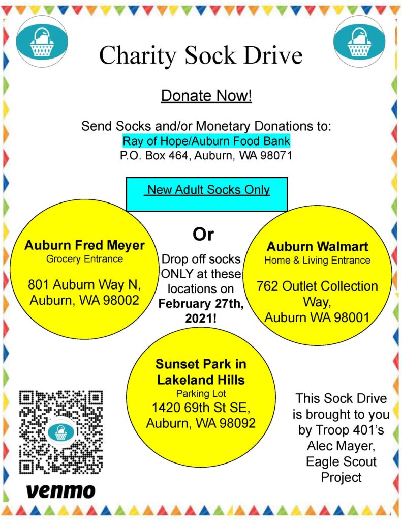 Flyer for Alec Mayer's Eagle Scout sock drive.