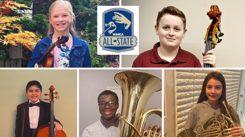 A photo collage of Mt. Baker orchestra and band students holding their instruments with the WMEA All State logo inset.