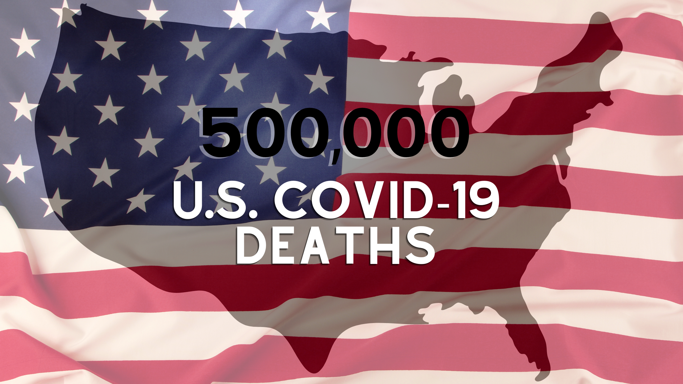 An American flag overlays a solid black United States. Text reads "500,000 U.S. Covid-19 deaths"