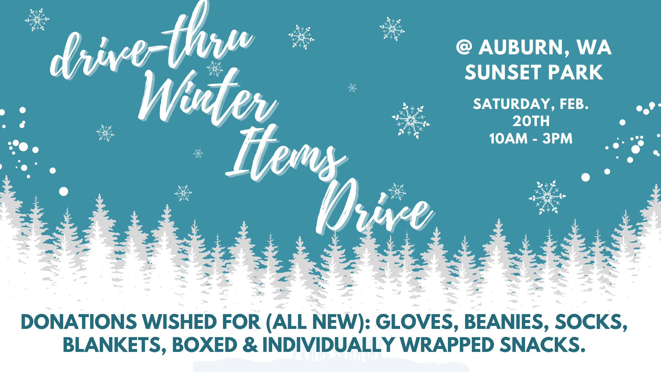 A winter themed flyer promoting the Drive Thru Winter Items Drive