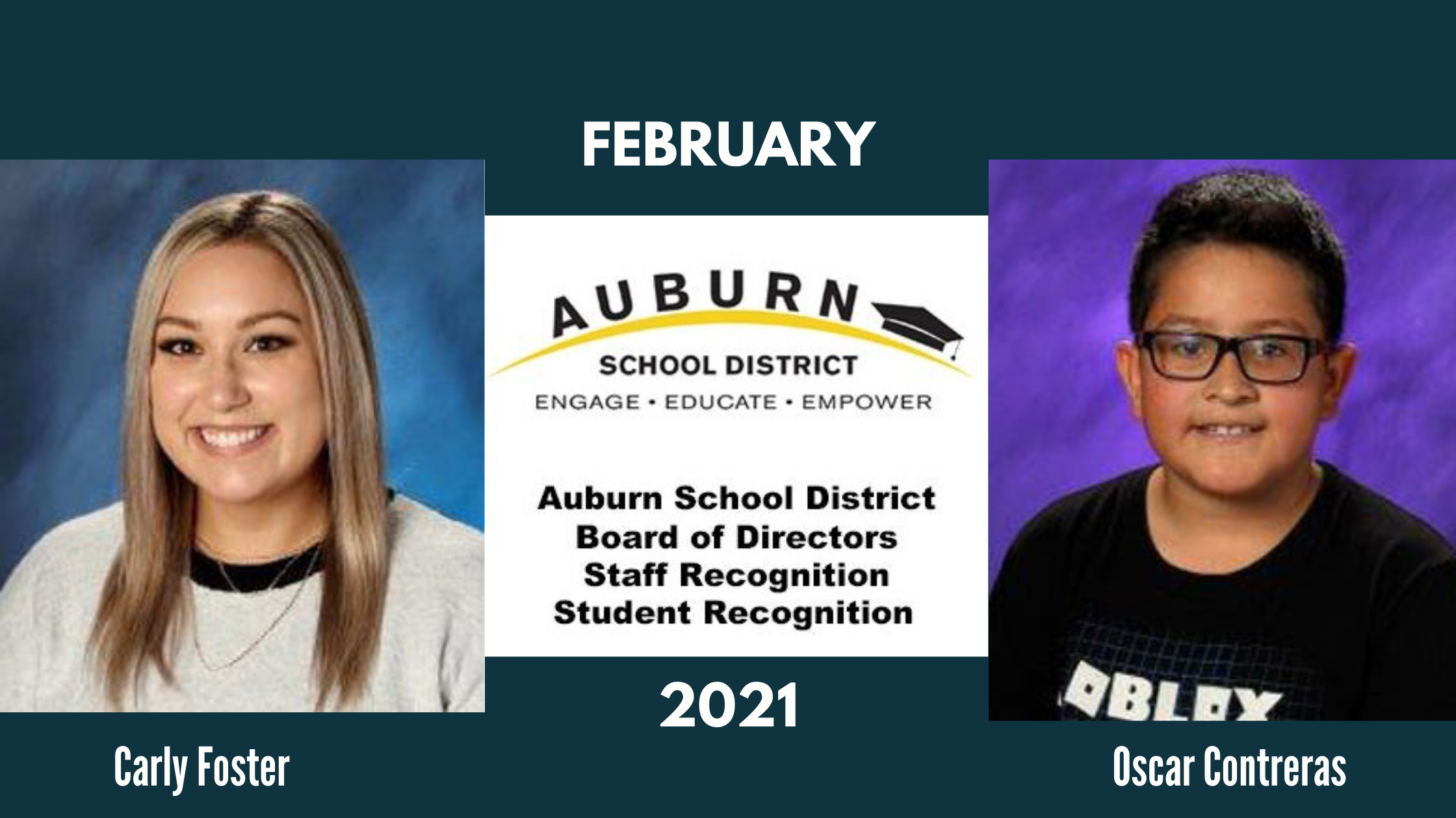 Carly Foster and Oscar Contreras outstanding student and staff member of the month outstanding for february