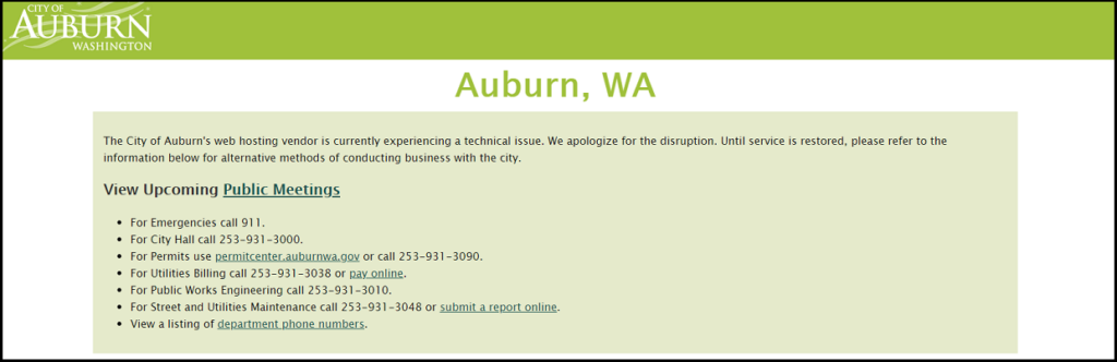 CivicLive City of Auburn website outage message