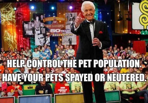 Game Show Host Bob Barker stands with his back to the Price is Right studio audience, skinny mic in hand, smiling and pointing at the camera. The words "Help Control the pet population, have your pets spayed or neutered" are written across the image.
