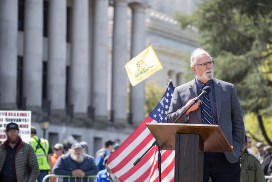 State Sen. Phil Fortunato stands at a podium holding a microphone, speaking. Behind him is a crowd waving flags including the American flag and the Don't Tread om Me Flag. The rally is held at the State Capitol.