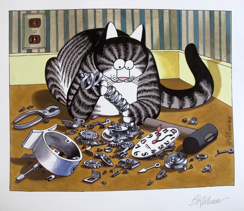 a cat sits in front of a broken clock