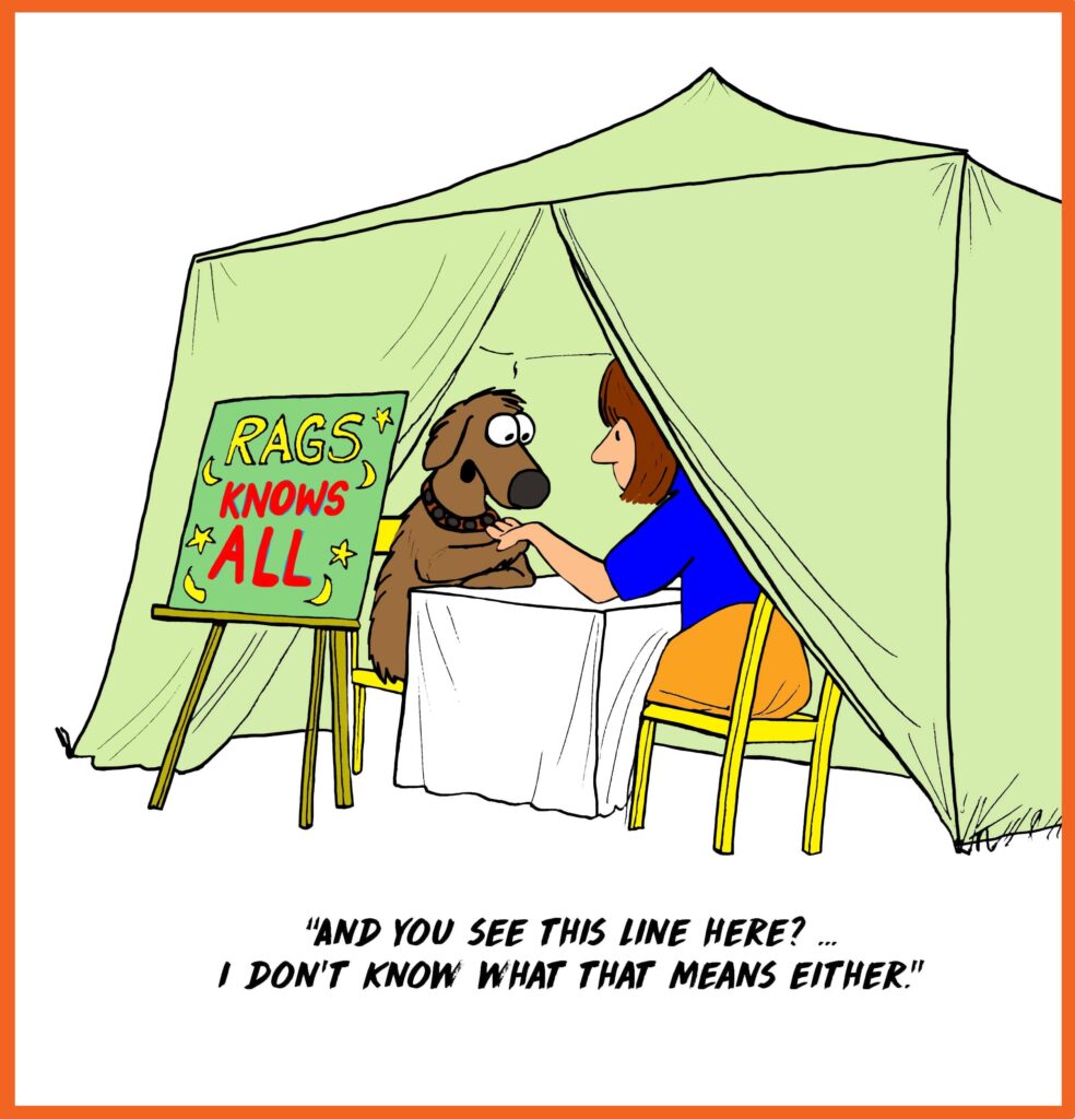 Cartoon of dog gypsy reading palms, but he does not know what the lines in the palm mean.