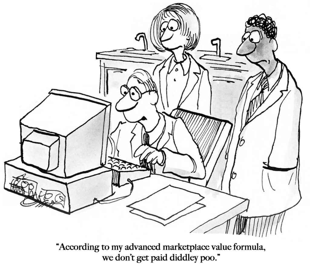 Three workers look at their market value.