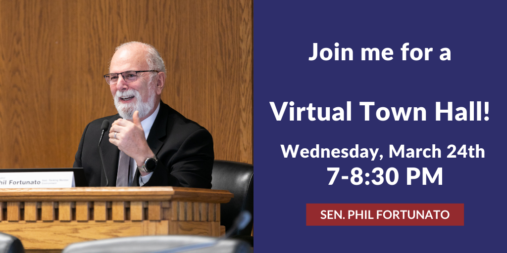 A virtual hall announcement graphic, including a photo of Senator Phil Fortunato speaking in Olympia. Information on graphic is included in article.
