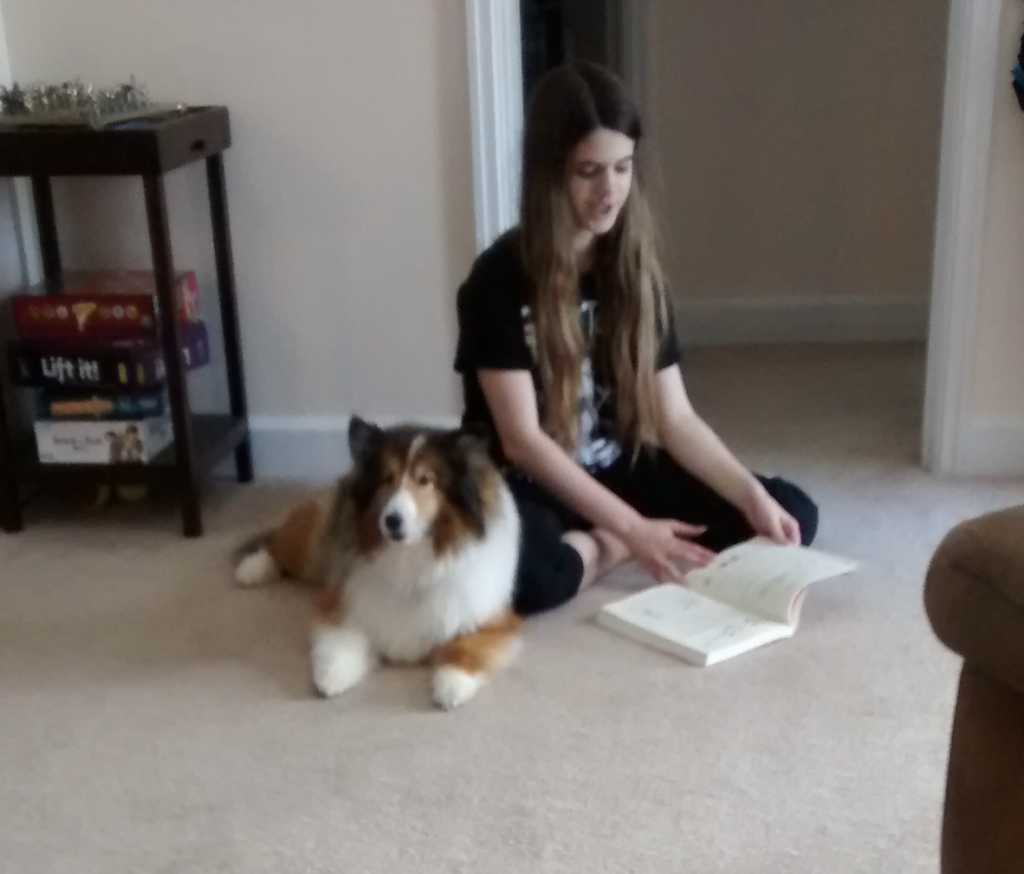 Dephne Westbrook, a female teenager with long brown hair, sits on the floor with a minature collie