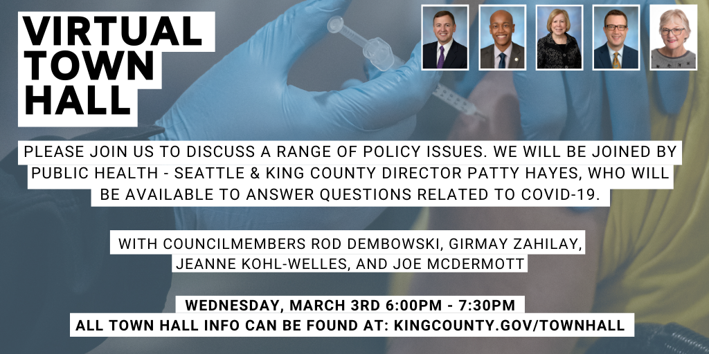 Banner promoting the King County Council March 3rd covid-19 virtual town hall