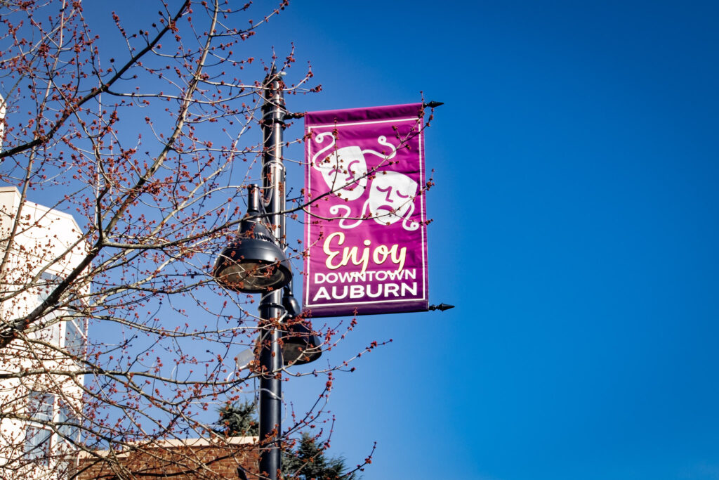 An "Enjoy Downtown Auburn" lamp post flag with the drama and tragedy masks through the branches of a tree beginning to bud