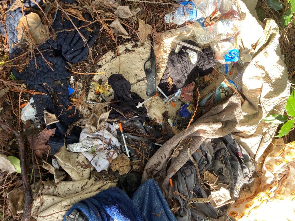 Trash and needles mixed in dirt and leaves 