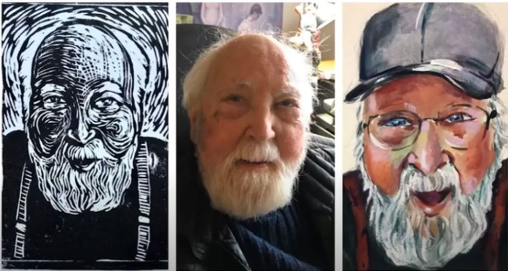 3 images of Dick Brugger, one sketch, one photograph, and one painting. All are of Dick's smiling face