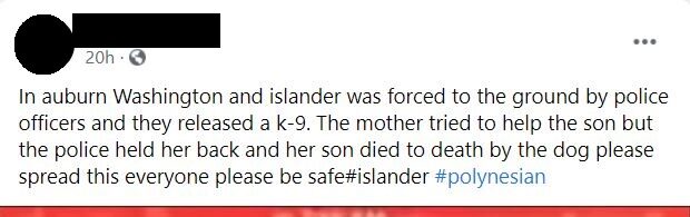 A facebook post sharing a video and incorrectly video stating it is a police incident that happened in Auburn WA