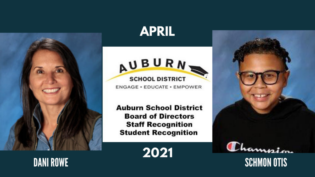 a graphic showing April's ASD outstanding staff member and student of the month, Dani Rowe and Schmon Otis