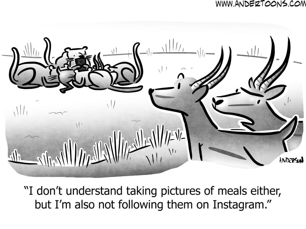 Two gazelle watch a pride of lions as they eat, one taking a selfie. They discuss the lion's social media habit.