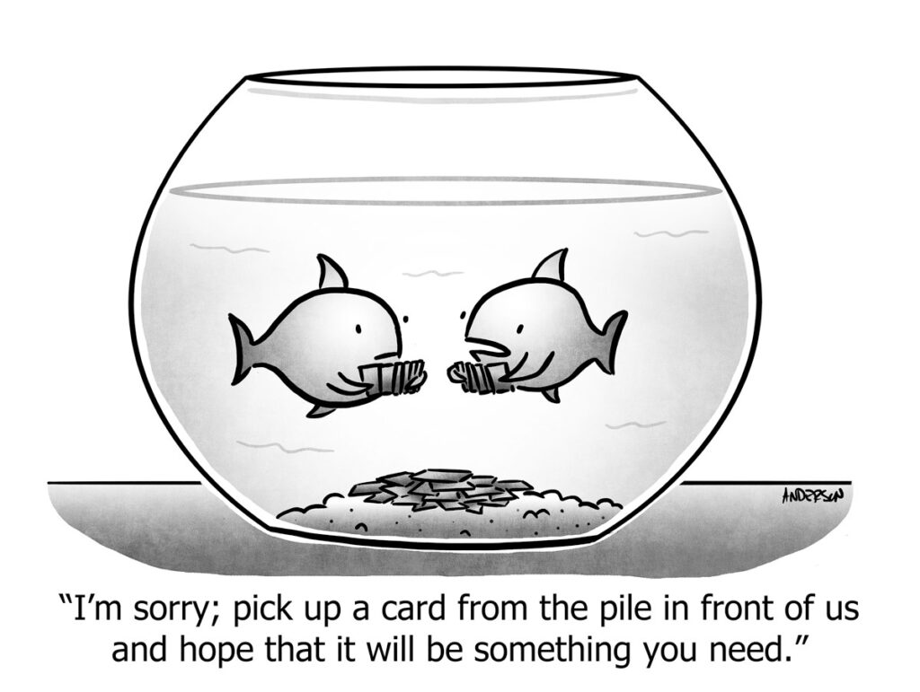 Two goldfish play cards in a fishbowl