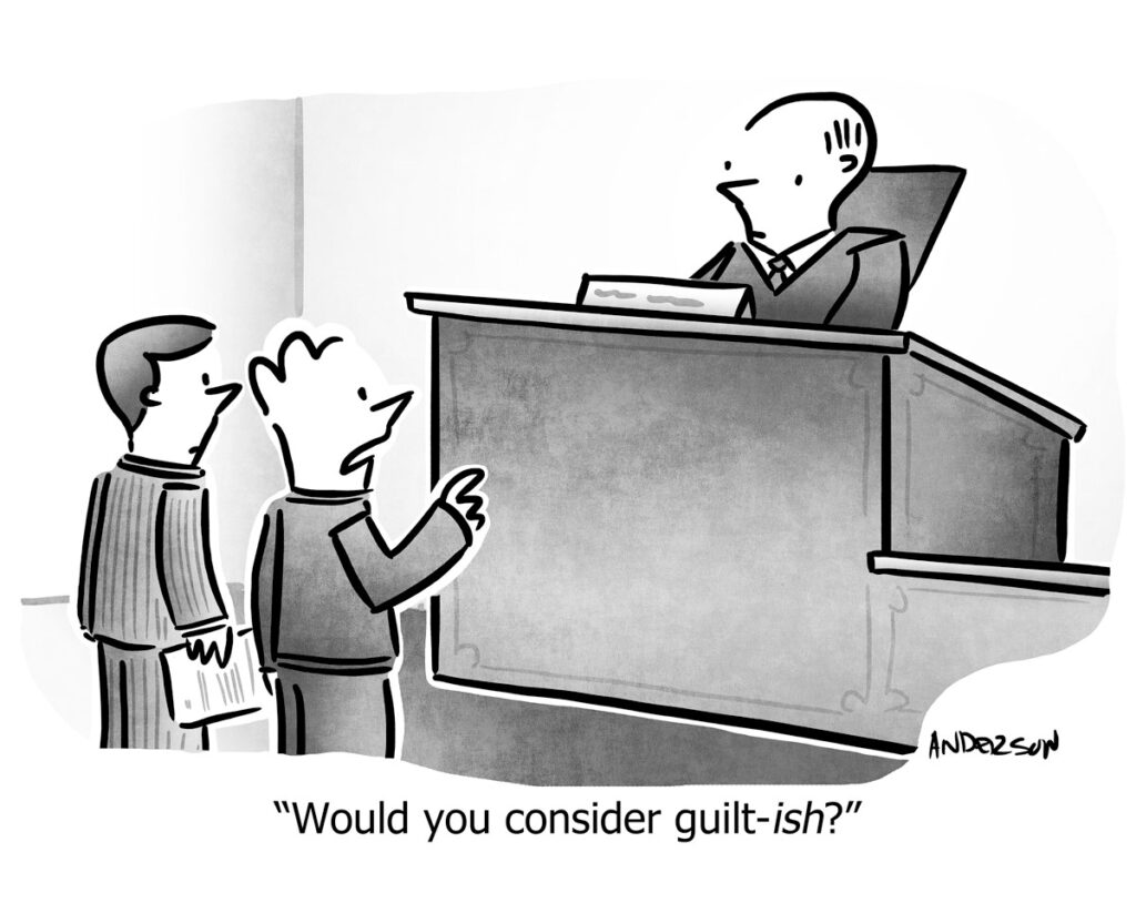 a lawyer before a judge with his client asking if the judge will accept Guilt-ish