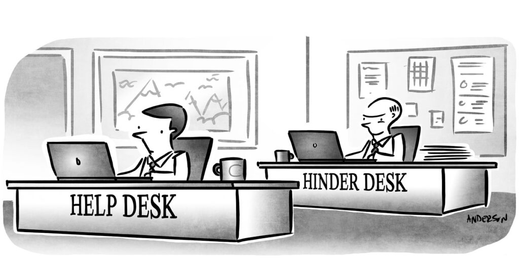 two employees at their desk. One says help, the other says hinder