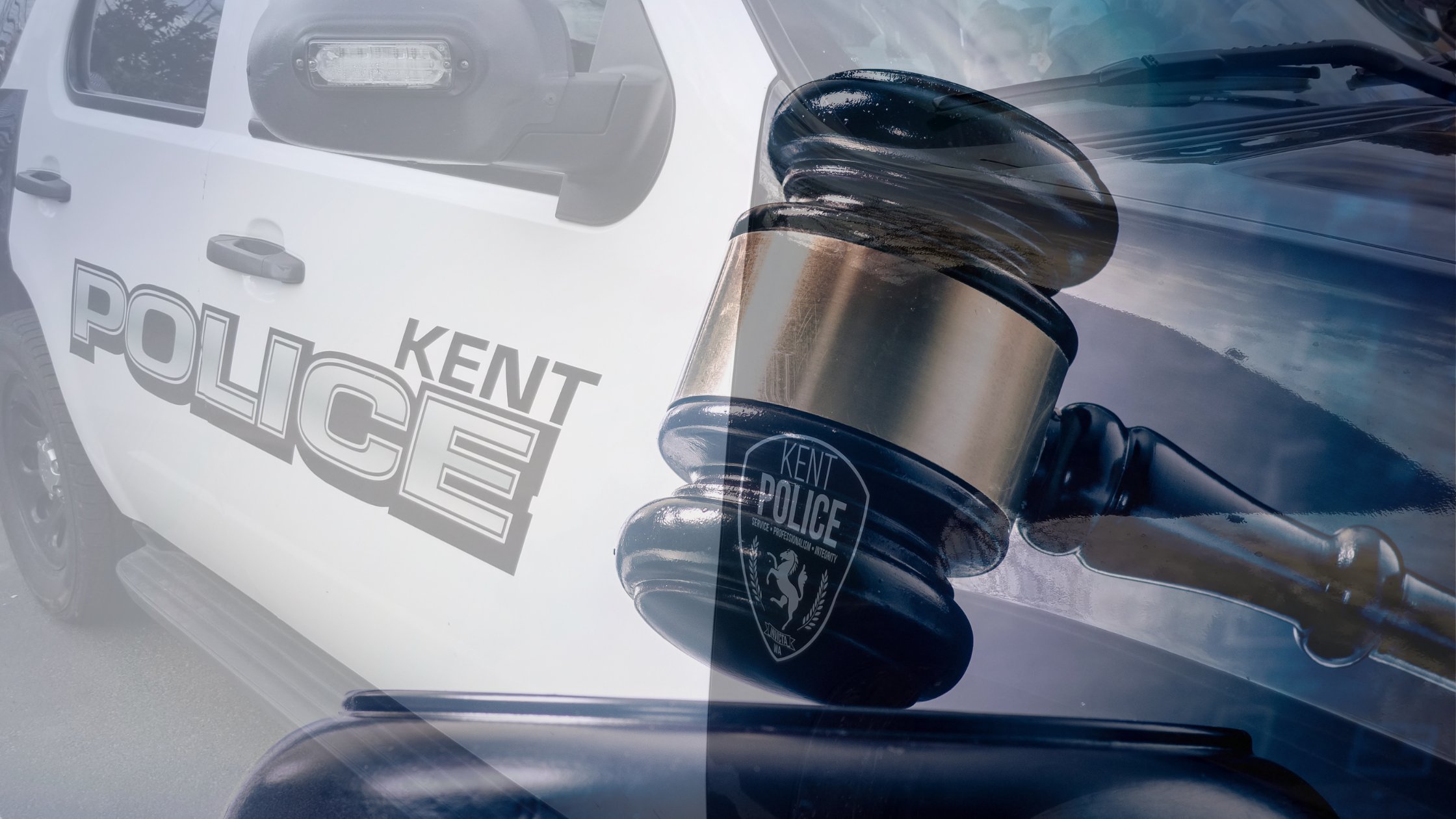 a judge's gavel overlaid a KPD SUV