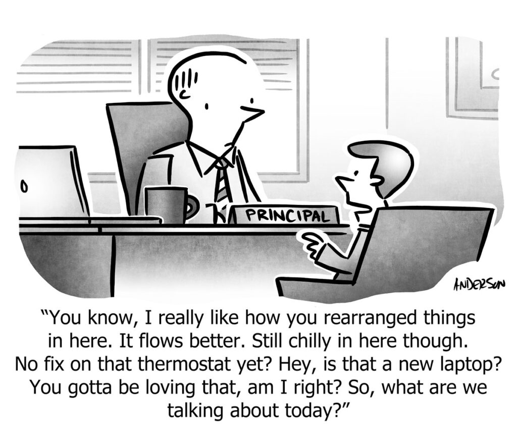 A young boy speaks to a principal about changes he's made to his office