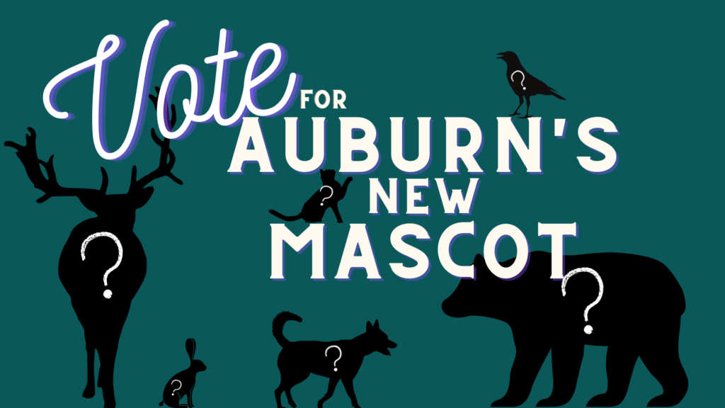 a graphic announcing "vote for auburn's new mascot" with animals on the graphic, each with a question mark on it.