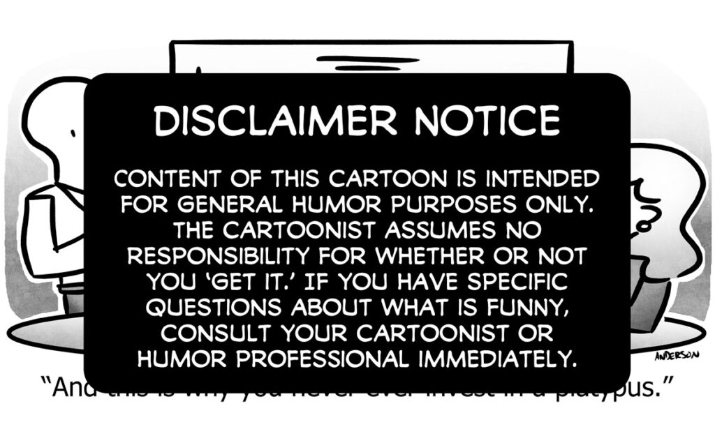a disclaimer warning over a cartoon