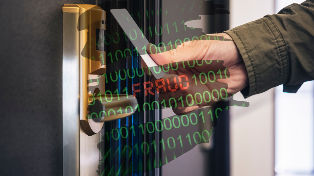 a man holds a hotel keycard over the lock, binary code with the word "fraud" in the middle overlays the image