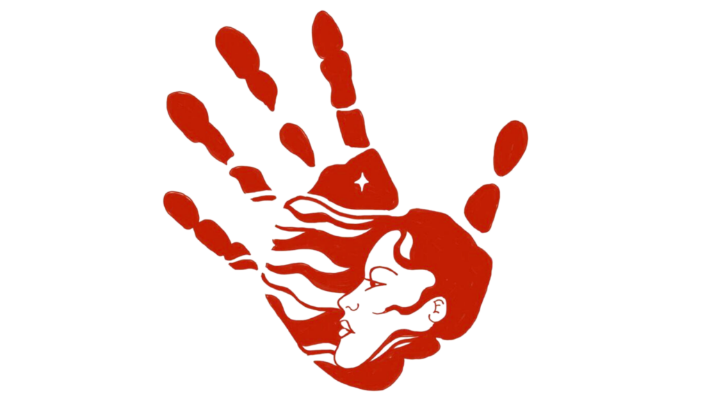 a red MMIW hand with a indigenous woman's face woven into the palm