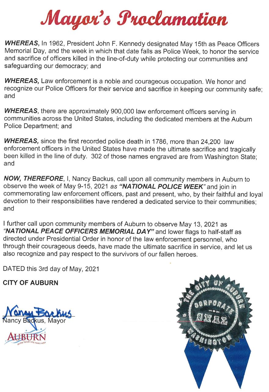 a proclamation by Mayor Nancy Backus for Peace Officer Memorial Day