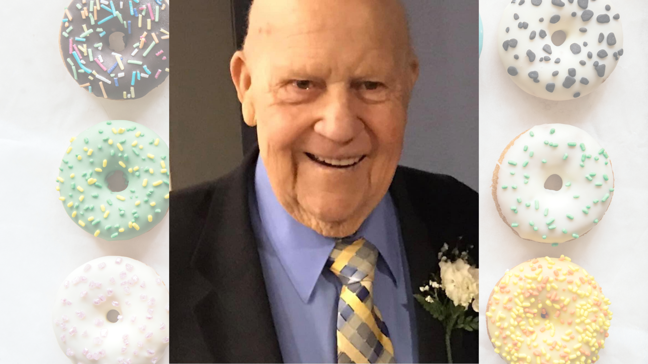 a photo of Harrison Mills overlaying a faded background of donuts