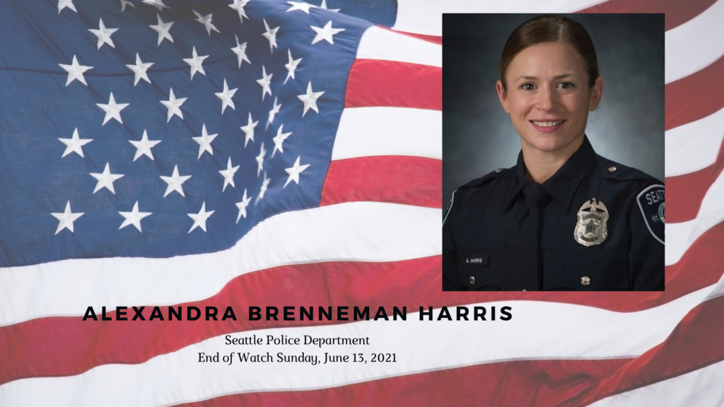 an american flag background with a photo of APD Officer Lexi Harris overlaying it