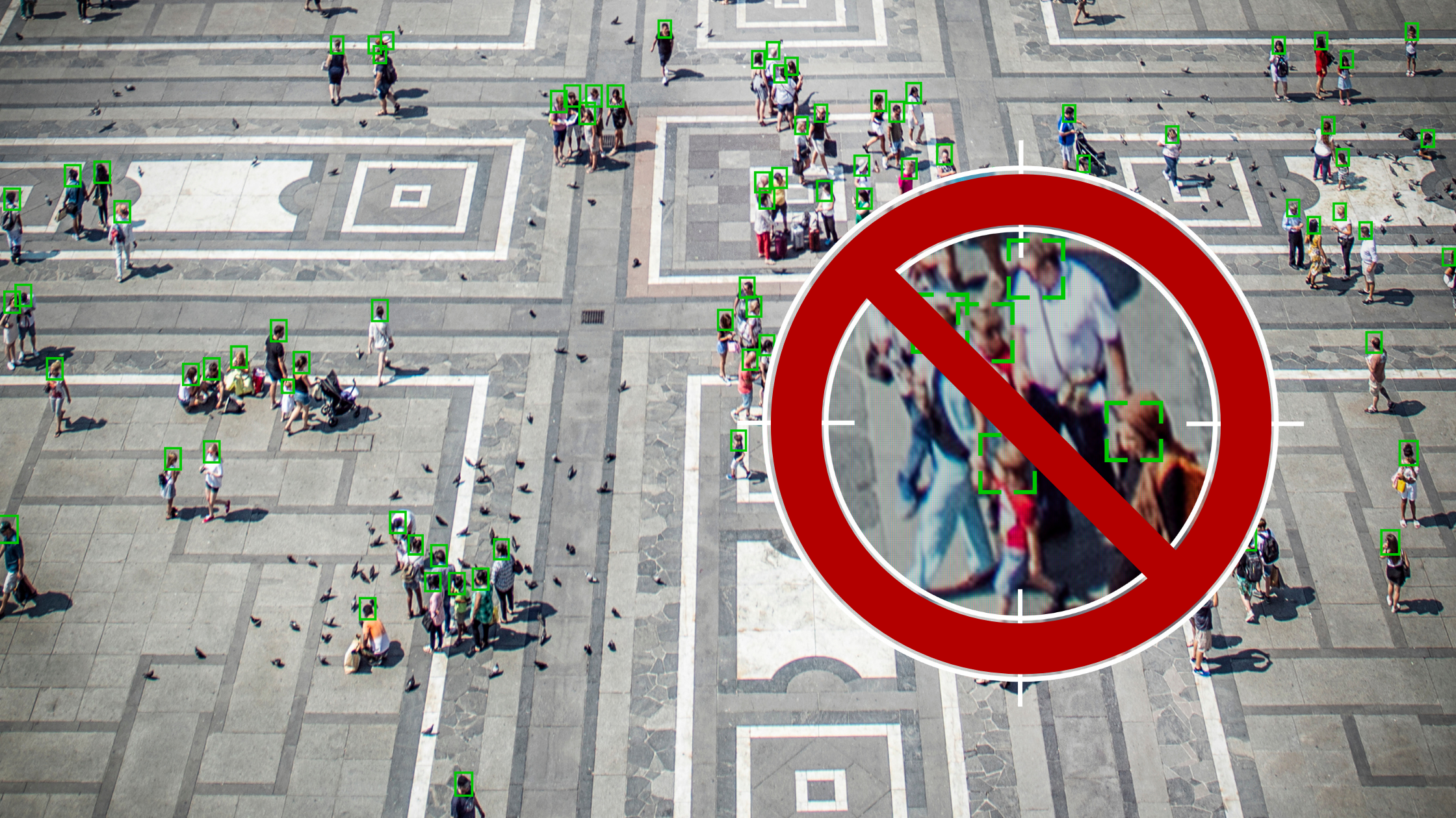 a distance photo of people on a plaza, green squares around each person. A grouping of people are zoomed in on, focusing on them., A red NO symbol lays over the circle